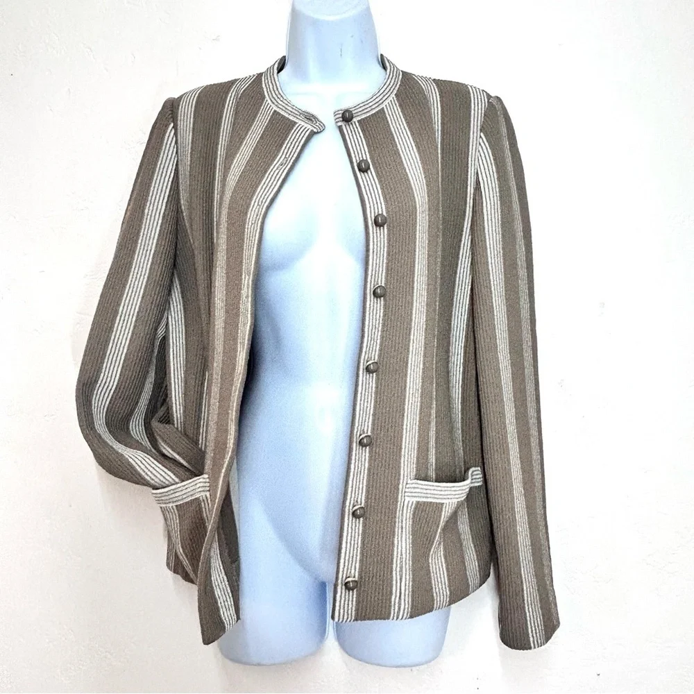 Castleberry Vintage Blazer Jacket Size M Taupe Ivory Stripe Texture Stretch Knit